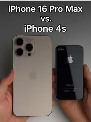 The image presents a comparison between two iPhones held against a gray background. On the left, a modern iPhone 16 Pro Max (likely a prototype or conceptual design) is shown with a large screen and a multi-lens camera setup. On the right, an older iPhone 4s, which is smaller and darker in color is displayed showing the evolution of the phone design. The phones are held by hands, with the screen text overlayed at the top. The image's layout is clean and straightforward, highlighting the phones side by side.