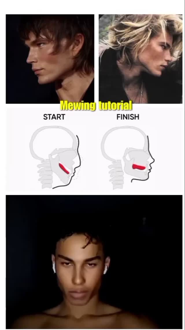 The cover image is a vertical collage featuring three distinct sections. The top section displays two profile portraits of men, with a before-and-after style effect, with hair of different styles. Below this, there's an illustration of a skull and jawline in profile, depicting the 'start' and 'finish' of a jawline exercise. The bottom section features a frontal view of a young man with short dark hair and wearing white earbuds, lit against a dark background.
