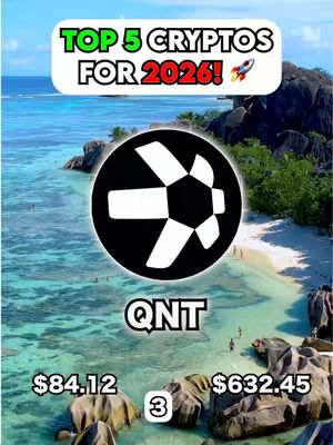 The cover image features a tropical beach scene with a blue sky. The ocean meets the shore, with green islands in the backdrop. The image has several text overlays, including "TOP 5 CRYPTOS FOR 2026!" in a white rounded rectangle, and a logo of a black circle containing a white geometrical shape with the text "QNT" is on top of the background scene. There are also price predictions and numbers that are added in the bottom.