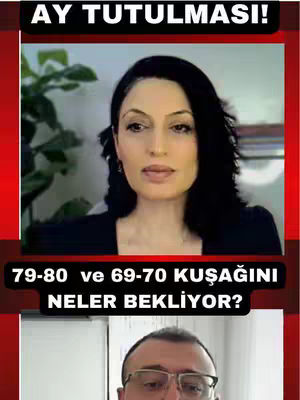 The cover image is a vertical split. The top part features a framed video of a woman with dark hair and a black top, looking directly at the camera. Overlayed on the woman's video is the phrase 'AY TUTULMASI!' in large white font on a black bar. A second frame below shows a man’s face, also looking forward, with a banner that says '79-80 ve 69-70 KUŞAĞINI NELER BEKLİYOR?'