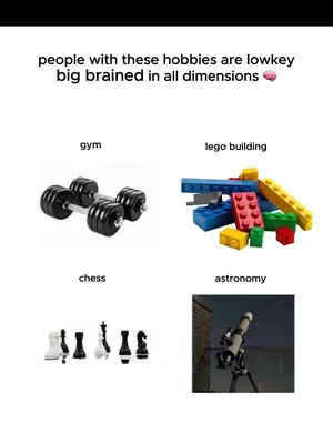 The cover image is a grid layout with four sections, each showcasing a different hobby alongside a brief description. The top section features the phrase 'people with these hobbies are lowkey big brained in all dimensions' in a white, sans-serif font. The first quadrant presents a dumbbell, labeled 'gym'. Directly beside it are various LEGO blocks, with the descriptor 'lego building'. Below the dumbbell, a chess set represents 'chess,' and a telescope positioned against a dark background depicts 'astronomy'. The overall design has a clean, white background, and the arrangement highlights each hobby with simple, clear imagery.