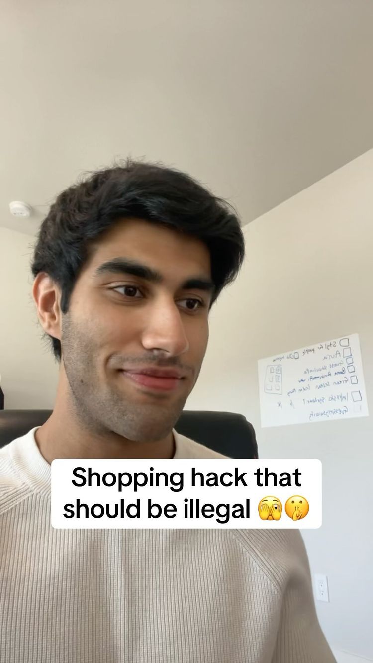 A young man with dark hair and a light-colored sweater is the focus. Text overlayed at the bottom says: 'Shopping hack that should be illegal.'