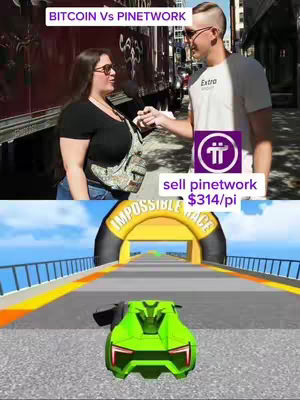 The image shows a split scene. The top half depicts a man and a woman conversing in an urban environment. The bottom half showcases a vibrant green race car approaching a finish line archway labeled "IMPOSSIBLE RACE". Overlay text includes "BITCOIN Vs PINETWORK" and a call to "sell pinetwork $314/pi".