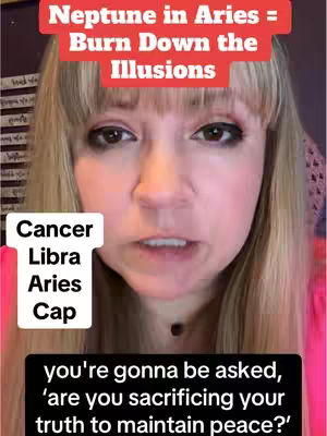 A woman with blonde hair and a pink top is centered in a selfie-style shot. Text overlays in red and white describe the astrology timing related to Neptune in Aries.