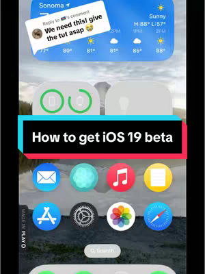 The cover image shows a screenshot of an iPhone interface with a weather widget and app icons. The main text overlay reads 'How to get iOS 19 beta'. A comment bubble from a user asking for a tutorial is also present. The layout is designed to resemble a phone screen, with the aesthetic typical for a tutorial video.