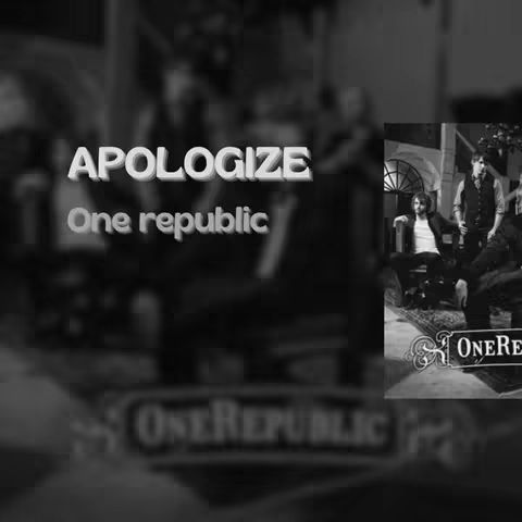 A grayscale image with text overlayed. The foreground features the word "APOLOGIZE" in bold, white, 3D-style text, angled slightly to the left. Underneath, "One republic" is written in a smaller, sans-serif font. The background is blurred, but appears to contain a group of people. In the bottom right corner, part of a photo shows a group of men sitting at a table. The image is predominantly black and white.