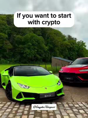 The cover image shows two luxury sports cars parked on a paved area, set against a backdrop of lush green trees and rolling hills. A bright green car is in front, and a red car is behind it. A white rounded text overlay reads, "If you want to start with crypto". There is white text on the bottom: "@Crypto/Slogans".