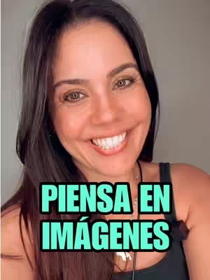 A woman with long, dark brown hair smiles widely, revealing white teeth. She has light skin, with visible makeup including eye shadow, and appears to be in a well-lit setting. The background is a neutral, blurred tone. Overlaid on the image is a text box that reads 'PIENSA EN IMÁGENES' in bold, green and black font.