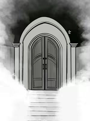 An illustration depicts an arched doorway with large double doors at the center of the picture. Steps lead up to the doors from the bottom of the frame. The background above the doorway appears to be obscured by dark, billowing clouds or smoke, giving the impression of a cloudy, dramatic sky. The artwork is primarily in grayscale, with the doors and architectural elements defining themselves against the atmospheric backdrop.