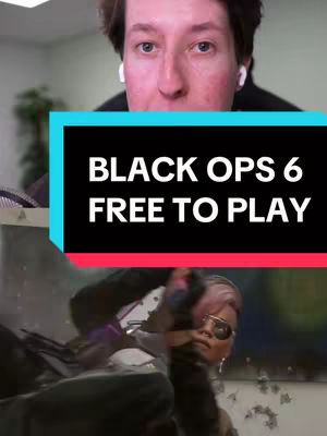 The cover image features a man in front with a graphic overlay and an action shot from a video game. The man, seen from the chest up, is in a well-lit room, wearing white earbuds. A multi-colored rectangular graphic behind him displays white text: BLACK OPS 6 FREE TO PLAY. Below, an action scene shows a person in sunglasses wielding a pistol in a game environment.