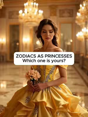 The cover image features a woman in a yellow gown, set in a grand hall with chandeliers. Text overlay indicates the video's theme of zodiac signs as princesses. The woman holds a bouquet of flowers, and the background suggests a palace or ballroom.