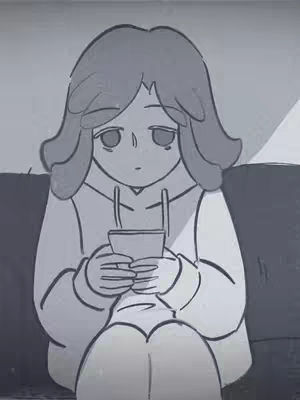 A cartoon depiction of a woman sitting, with downturned eyes and a slightly sad expression, holding a phone. The image is in shades of gray.