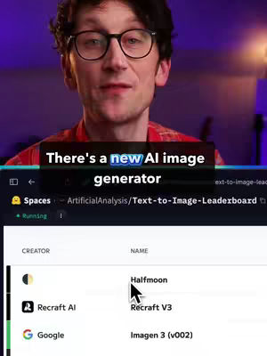 A man wearing glasses and a red patterned shirt is centered in the frame. Above him, a dark rectangular overlay displays the text 'There's a new AI image generator'. Below him, a computer screen is partially visible, showcasing a list, with an arrow pointing at an entry, 'Halfmoon.' The background is a gradient of purple and blue.