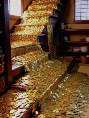 The image depicts a staircase cascading with gold coins, creating a visually striking effect. The stairs are wooden, and each step is covered in a layer of gold coins that appear to be flowing like a waterfall. The overall composition projects wealth, prosperity, and abundance, capturing attention with a unique visual metaphor.