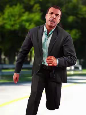 The image features a realistic rendering of a man in a suit running on a road with a blurred green background, likely a park or natural area, with a focus on the character from Grand Theft Auto 5.