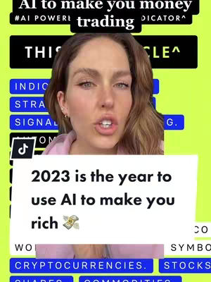 A woman with long brown hair is centered in the frame, looking directly at the camera with a slight smile. The background consists of various colors, text, and graphic elements. Overlayed text includes phrases about AI and money. The overall composition is a mix of face-focused video and informative graphics.