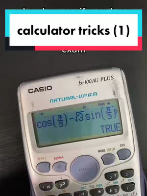 The image shows a close-up of a well-used calculator, with text overlays. The calculator's screen displays a mathematical expression and the word 'TRUE'. The background appears to be a dark surface.