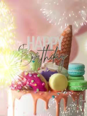 A colorful birthday cake with macarons, candies, and a cone. White cream is dripping down the sides, accented by colorful sprinkles, various baked goods, and a fireworks effect.