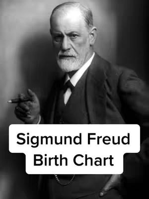 A black and white portrait of Sigmund Freud, a man with a receding hairline, and a white beard, wearing a suit and tie, and holding a smoking cigar. A white rectangle with the text, "Sigmund Freud Birth Chart" is placed at the bottom.