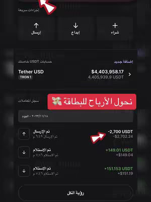 The cover image displays a screenshot of a financial app interface with Arabic text overlaid. The app interface on a dark background shows transaction details including a transaction amount of -2,700 USDT and other financial data alongside. A red rectangular bar is positioned on screen that reads in Arabic text, 'نحول الأرباح للبطاقة' with an arrow pointing toward the negative transaction.
