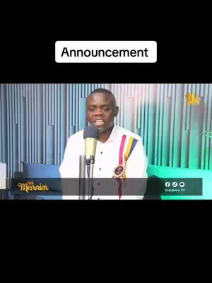 The cover image shows a man speaking into a microphone, likely in a studio setting. Above the speaker is a white box with the word "Announcement" in black text. The man is centered, wearing a white shirt with some colored stripes on the side of the shirt. The background has vertical, light-green stripes.