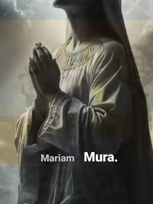 The image shows a grayscale depiction of a figure, likely Mary, with her hands clasped in prayer, and a serene, focused expression. Light filters from above, suggesting a divine presence, and the overall composition evokes a sense of peace and reverence.