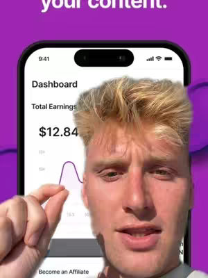 A young man with blonde hair is holding a phone displaying an app interface with an earnings dashboard. He is pinching his fingers together. The background is a vibrant gradient of purple.