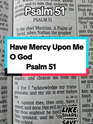 The cover image features an open book with text from Psalm 51. A light blue and white rectangular overlay highlights the text \"Have Mercy Upon Me O God Psalm 51\" in a bold, sans-serif font. Additional text, including scripture references, is visible in the background, with a Like, Share, Comment, and Save button in the lower right corner.