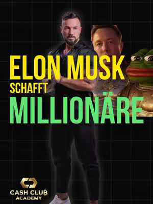 The cover image features a man in front of a dark grid background. Large text overlayed in yellow and green reads 'ELON MUSK SCHAFFT MILLIONÄRE'. The man has a confident pose and is dressed in a black shirt and pants. To his right, images of Elon Musk and a Pepe the Frog meme are present.