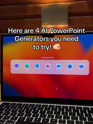 A laptop screen displays a PowerPoint application interface, with several Microsoft Office app icons. A text overlay at the top prompts viewers to try certain AI PowerPoint generators. The background features a blurred image with orange, red, and yellow hues, with a dark keyboard in the foreground.