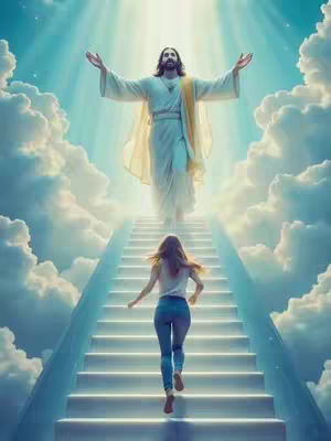 A digital illustration depicts a heavenly scene with a woman ascending stairs towards a figure of Jesus with arms outstretched. Jesus is portrayed with long hair and a flowing white robe, standing in a luminous, cloudy sky, welcoming the woman. The woman, viewed from the back, is running up the stairs, wearing jeans and a white top, backlit by the divine light. The overall composition uses a soft, light color palette with a sense of peace and spirituality.
