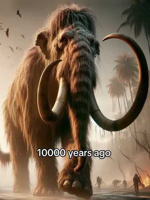 An AI-generated image depicts a large, woolly mammoth in a prehistoric landscape. The mammoth, with thick, brown fur, long curved tusks, and a trunk, dominates the foreground. Behind it, a forested area with palm trees and flying birds creates the background. The text overlay '10000 years ago' is placed at the bottom. The overall composition evokes an AI-generated style with attention to lighting and atmospheric details.