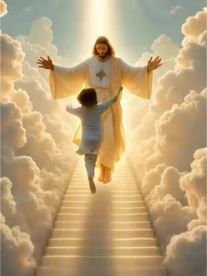 A digitally rendered image depicting a scene of ascension. Jesus, with long brown hair and a white robe, extends his arms open, welcoming a child, who appears to be ascending a staircase made of clouds towards him. Golden light streams from above, emphasizing the divine presence in the sky, with fluffy clouds on either side that create a sense of depth and a heavenly atmosphere.