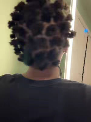 The cover image is taken from behind a person, showcasing the back of their head and shoulders. The person has dark hair styled with many small, individual sections or braids, creating a textured, woven appearance. They wear a plain black t-shirt. The background is a muted green and a white door frame is visible on the right side.