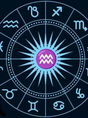 A circular zodiac chart with various astrological symbols arranged around a central emblem. The background is dark blue, with a lighter blue circle in the center. The main focus is on the Aquarius symbol, a wavy line inside a purple circle.