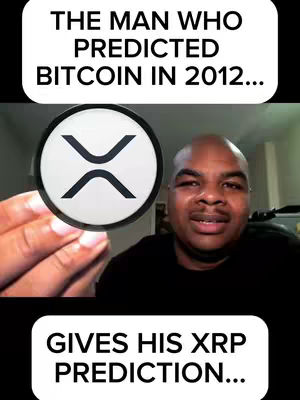 The image shows a man speaking in front of a camera. The upper part of the frame has a white background with black text that says 'THE MAN WHO PREDICTED BITCOIN IN 2012...'. A circle with the XRP logo is held in the foreground by the man's hand. The lower portion contains the text 'GIVES HIS XRP PREDICTION...'.