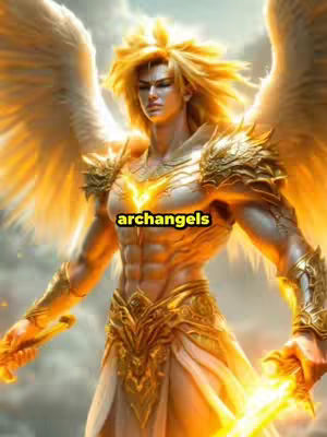 An AI-generated image featuring a muscular, golden-skinned male figure with large, feathered wings. He is wearing golden armor and holding a glowing sword. The background is a mix of celestial elements, with a glowing halo around his head. The text overlay reads  "archangels".