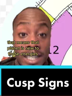 A selfie-style video cover featuring a Black man with short hair, positioned centrally. He's looking towards the camera with a direct gaze. Above him, overlaid text states, 'that means that planet is new to those energies' in a yellow font. In the background, a diagram with purple, yellow, and blue colors is visible. At the bottom, a black rectangle with white text reads 'Cusp Signs'.