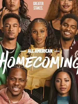 A promotional image for "All American: Homecoming" featuring a group of young Black men and women. The composition is a collage, with the title text overlayed prominently. The color palette is muted with warm tones in the background and attire.