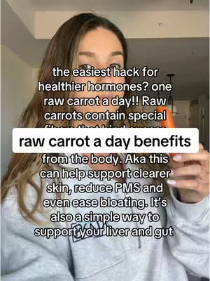A woman with long brown hair holds a carrot up to her face in a selfie-style shot and the image is framed with text boxes overlaid.