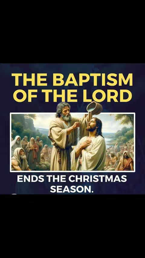 The image shows a religious scene of the Baptism of the Lord, with Jesus being baptized by John the Baptist. The background features other figures in a landscape setting. Overlaid text gives the video a religious and seasonal context.