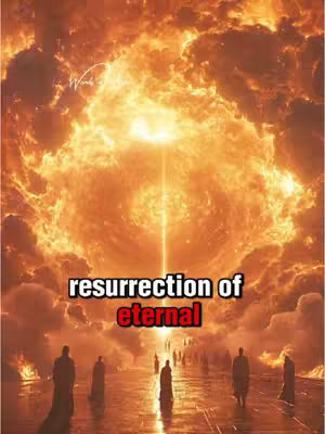 An artistic, digitally created image with an ethereal, otherworldly atmosphere. A bright light emanates from the sky, surrounded by an explosion of gold and orange hues reminiscent of clouds and fire. Silhouetted figures are seen walking towards the light on a pathway. Above the figures, the text "resurrection of eternal" is prominently displayed in a bold, multi-colored font.