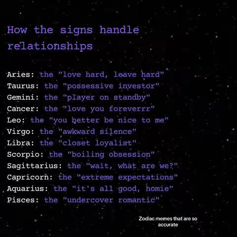 The image features a dark background sprinkled with small white dots, creating a starry effect. Centered on the frame are lists of text. Major text blocks include "How the signs handle relationships" and a list of the zodiac signs with descriptors (e.g., Aries: the "love hard, leave hard"). At the bottom, the text reads "Zodiac memes that are so accurate". The text uses a simple, clean font, and the overall composition is symmetrical and straightforward.