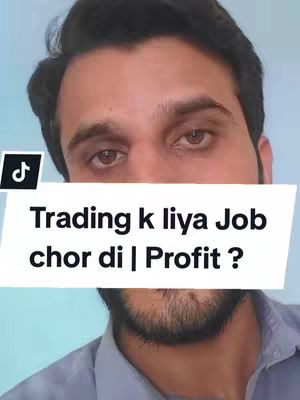 A selfie-style shot featuring a man's face, with a text overlay. The man has dark hair and a trimmed beard. He gazes directly at the camera with brown eyes. The text overlay is a white rectangular box that says, "Trading k liya Job chor di | Profit ?". The background is a light blue.