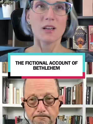 The cover image features two people. The top half of the image shows a woman from the chest up, with short, silvery-blue hair, glasses and a neutral facial expression. The bottom half shows a man with glasses and a serious, concentrated expression, also from the chest up. A text overlay in a rectangular box reading "THE FICTIONAL ACCOUNT OF BETHLEHEM" is centered in the middle, overlaid across both individuals.