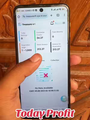 A hand holds a smartphone displaying the 'Treasure NFT' app.  The screen shows various data points including earnings, income, and balances.  The app interface is clean and modern, and a hook "Today Profit" overlay is at the bottom.
