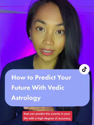 A woman with long, dark hair is centered in the frame, looking towards the viewer with a slight smile. She is wearing a dark blue top against a background of purple light. Overlaid on the image is a light blue rectangle containing text about predicting the future with Vedic astrology, with a smaller red box below detailing that the prediction is with a high degree of accuracy. The TikTok logo is in the upper right corner.