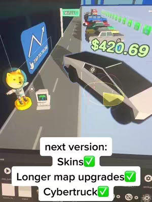 The cover image is a screenshot from a video game, showing a 3D rendered scene of a road with cars on it. The protagonist appears to be a Shiba Inu in a spacesuit. There is text overlaid on the image that reads "next version: Skins, Longer map upgrades, Cybertruck."