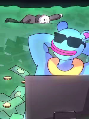 An animated cover image featuring a blue cartoon creature wearing sunglasses, reclining with arms behind its head, and using a laptop. Money and coins surrounds the laptop.  In the background, another animated character is lying down looking away from the scene, with a green field as ground. Dark colors make up the background.