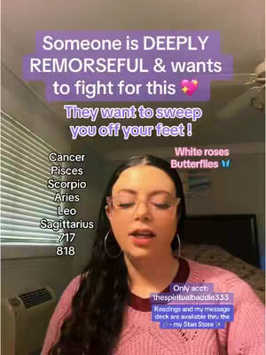 A woman with long dark hair and glasses is positioned in front of a window with blinds. Text overlays in a purple banner say, 'Someone is DEEPLY REMORSEFUL & wants to fight for this' and 'They want to sweep you off your feet'. Below a list of zodiac signs is displayed. The woman speaks directly towards the camera, with bedroom visible in the background.